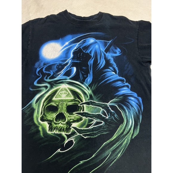 Vtg Y2K Grim Reaper Skull Gothic Illuminate Black Graphic T-Shirt Size Medium - Picture 2 of 7